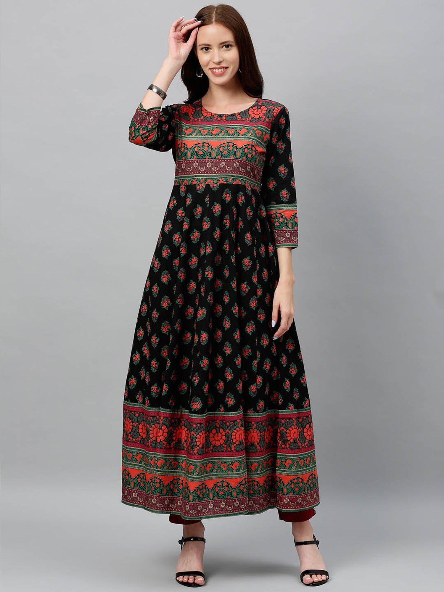 Kipek Black Cotton Printed Anarkali Kurta