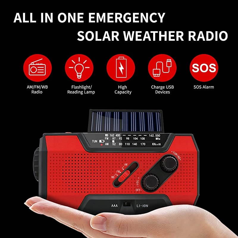 Rechargeable Solar Crank AMFMNOAAWeather Radio with Flashlight2000 mAh Power BankSOS Alarm Reading LampPhone Charger for Tornadoes Hurricanesand Storms