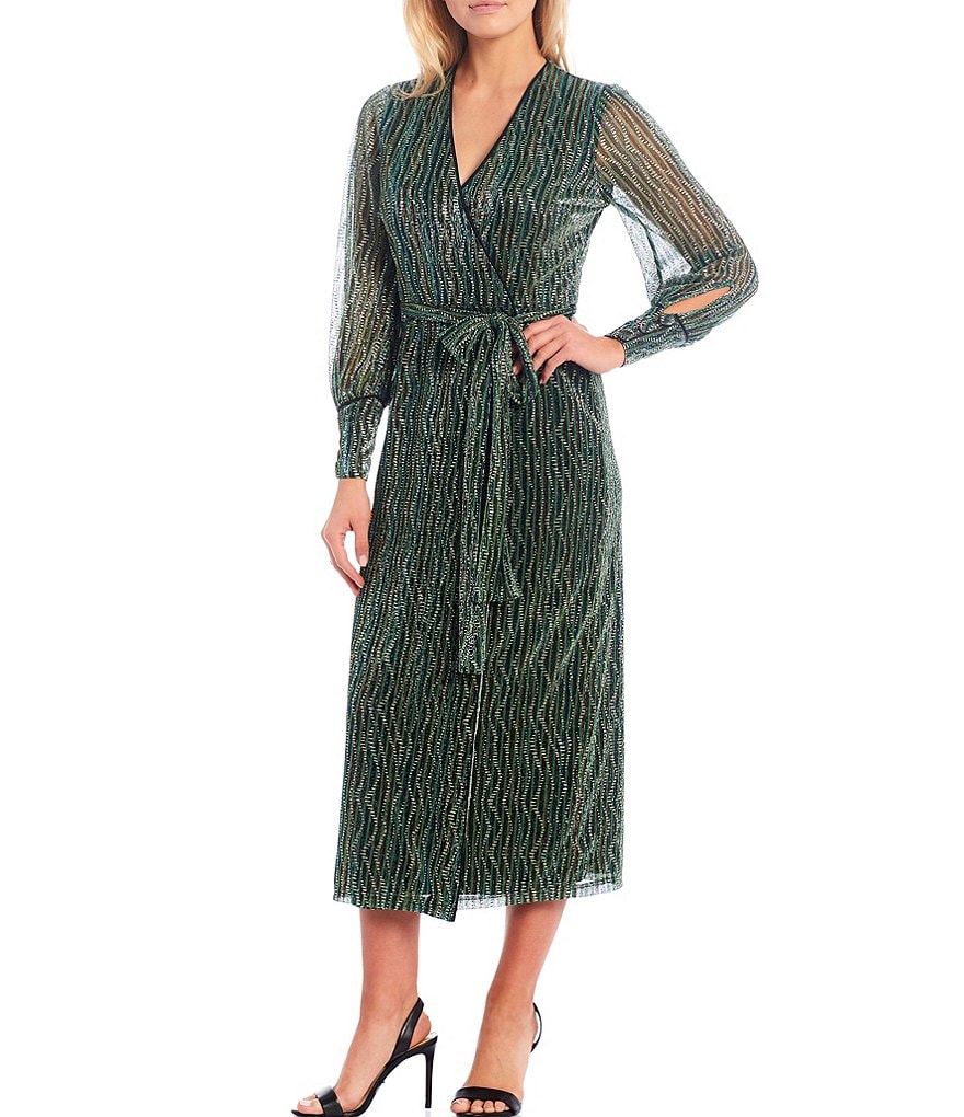 Harlyn Metallic Knit V-Neck Long Sleeve Wrap Midi Dress