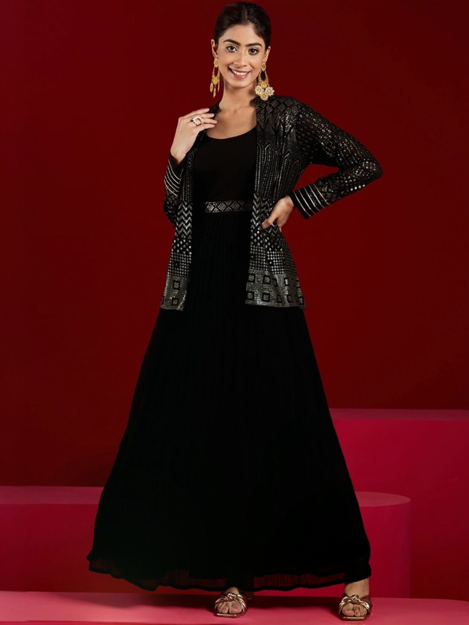 Libas Art Black Embellished Maxi Dress With Jacket