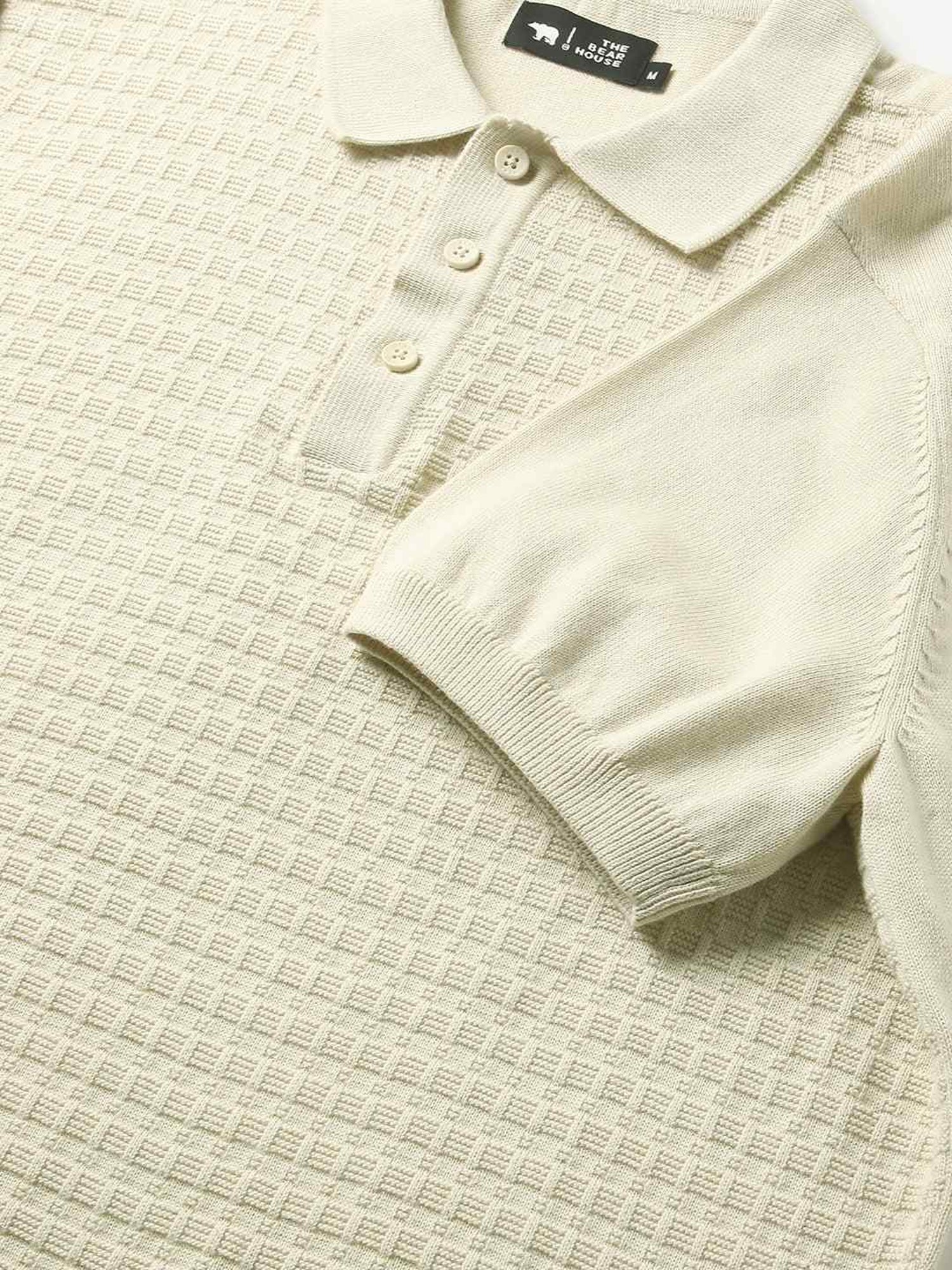 The Bear House Cream Cotton Regular Fit Self Pattern Polo T-Shirt