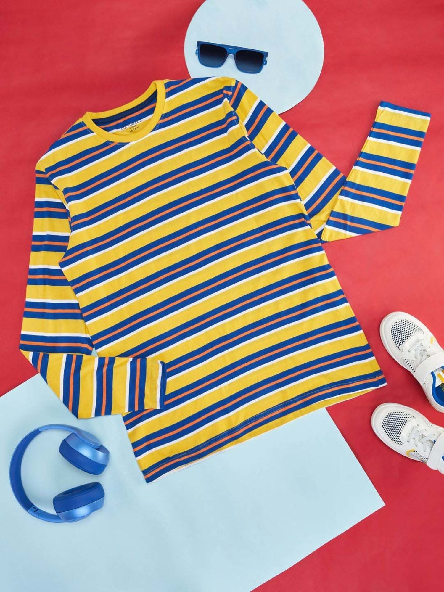 Pantaloons Junior Yellow & Blue Cotton Striped Full Sleeves T-Shirt