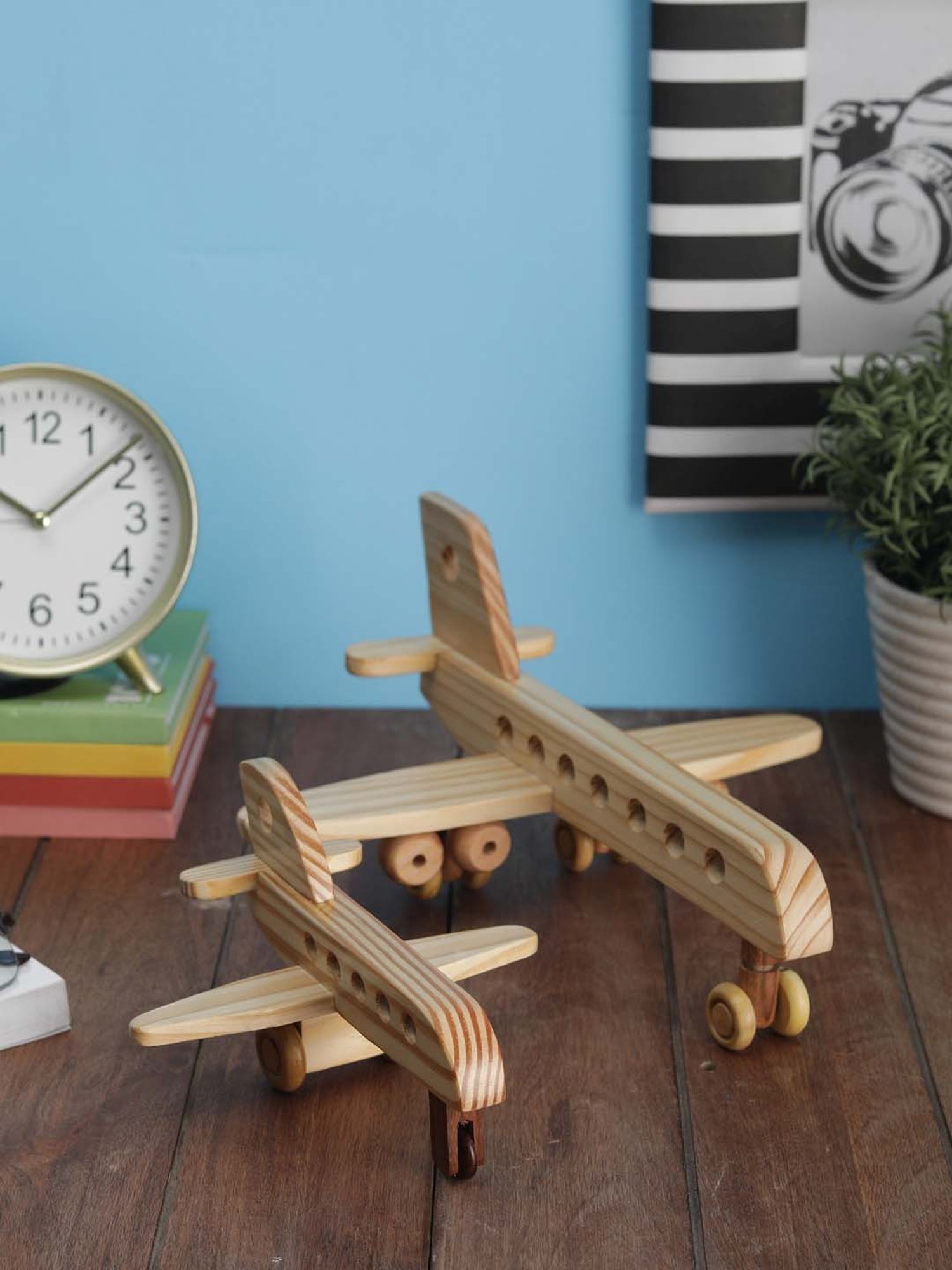 VarEesha Wheels of Wood Beige Pine Wood Decorative Airbuses - Set of 2