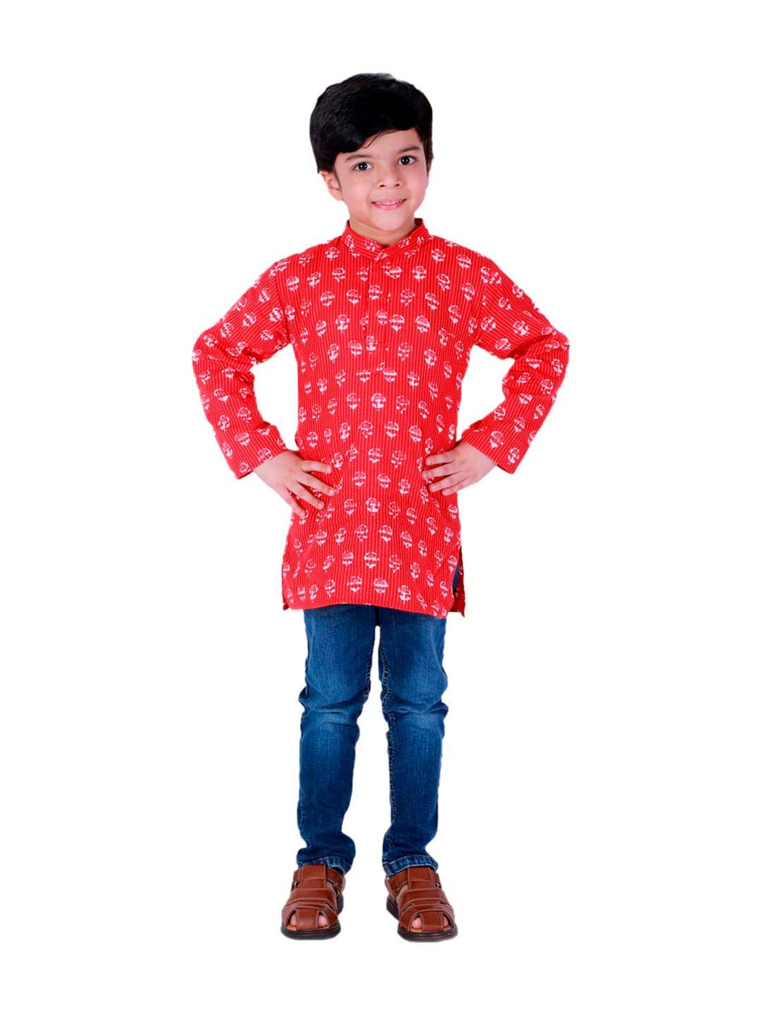BownBee Kids Red Cotton Printed Kurta