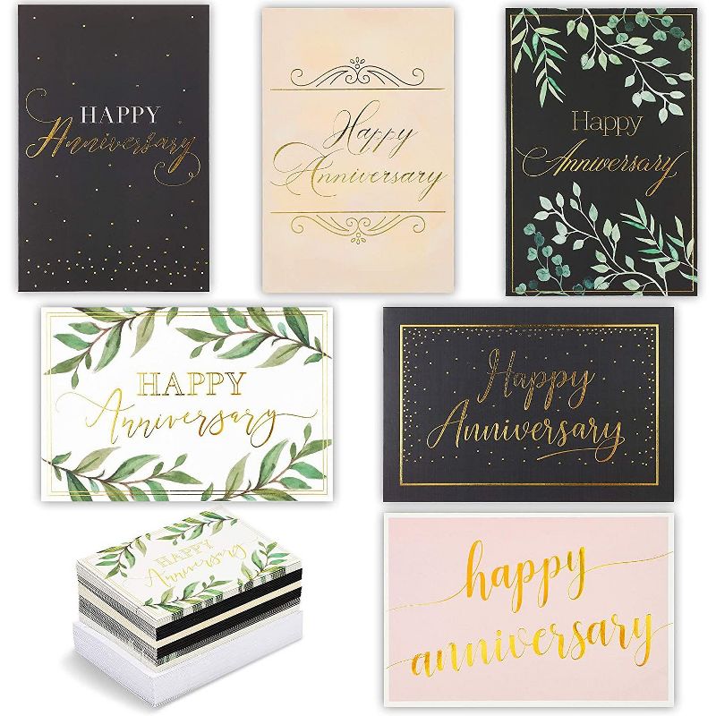 48-Pack Happy Anniversary Cards in 6 Elegant Designs, Gold Foil, Envelopes Included, 4 x 6 inches