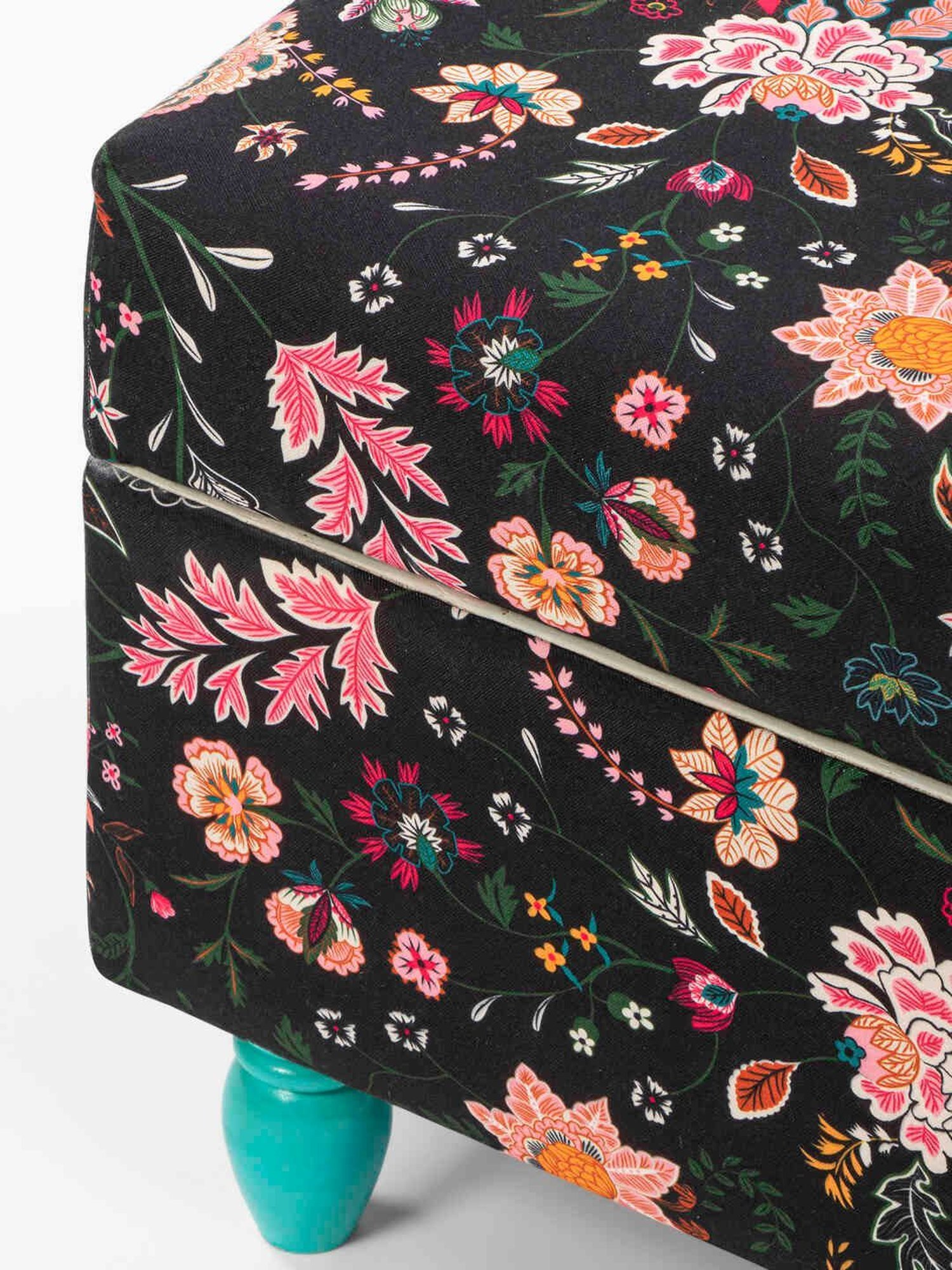 Chumbak Bohemian Floral Black Sheesham Wood Modern Trunk Storage Ottoman