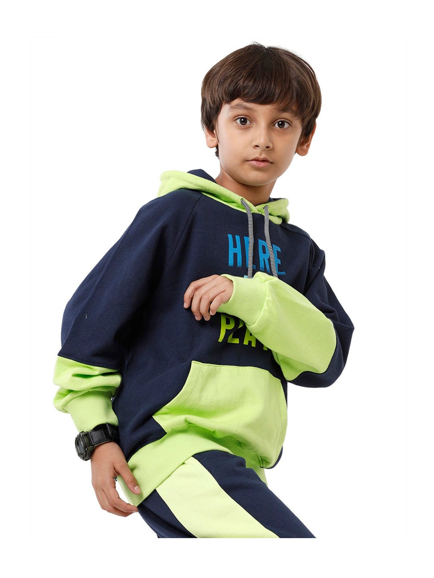 Under Fourteen Only Kids Navy & Lime Green Printed Full Sleeves Sweatshirt
