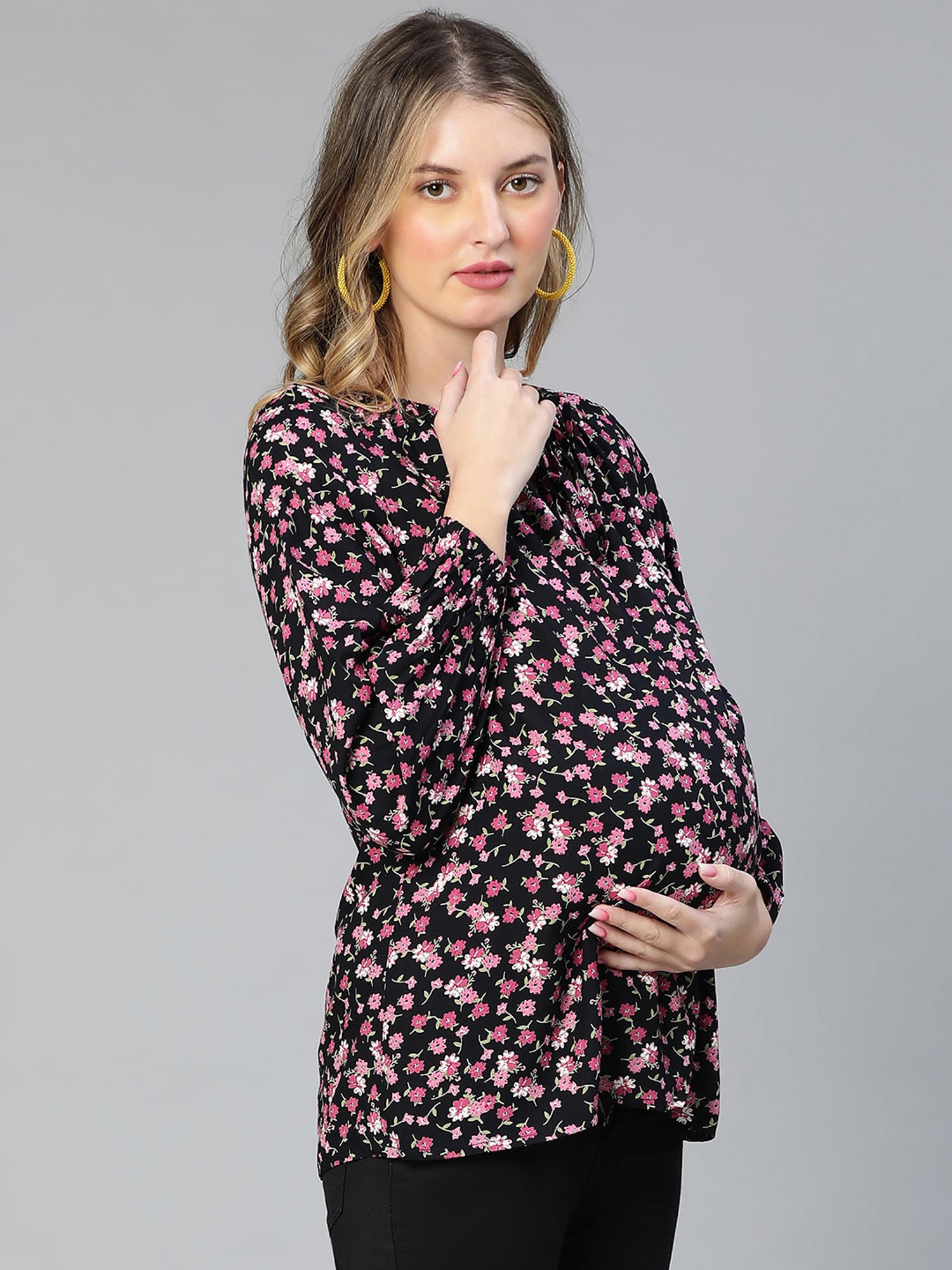 Oxolloxo Black & Pink Floral Print Maternity Top