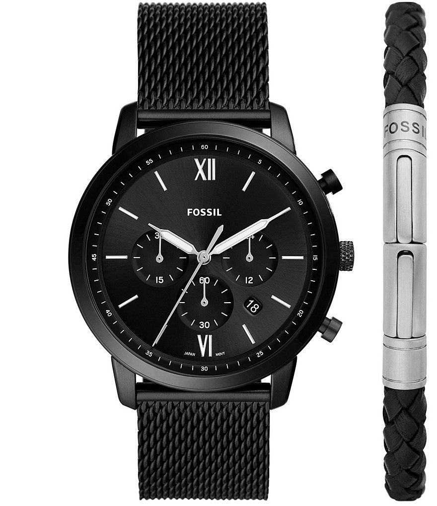 Fossil Neutra Men's Chronograph Black Stainless Steel Mesh Watch and Bracelet Box Set