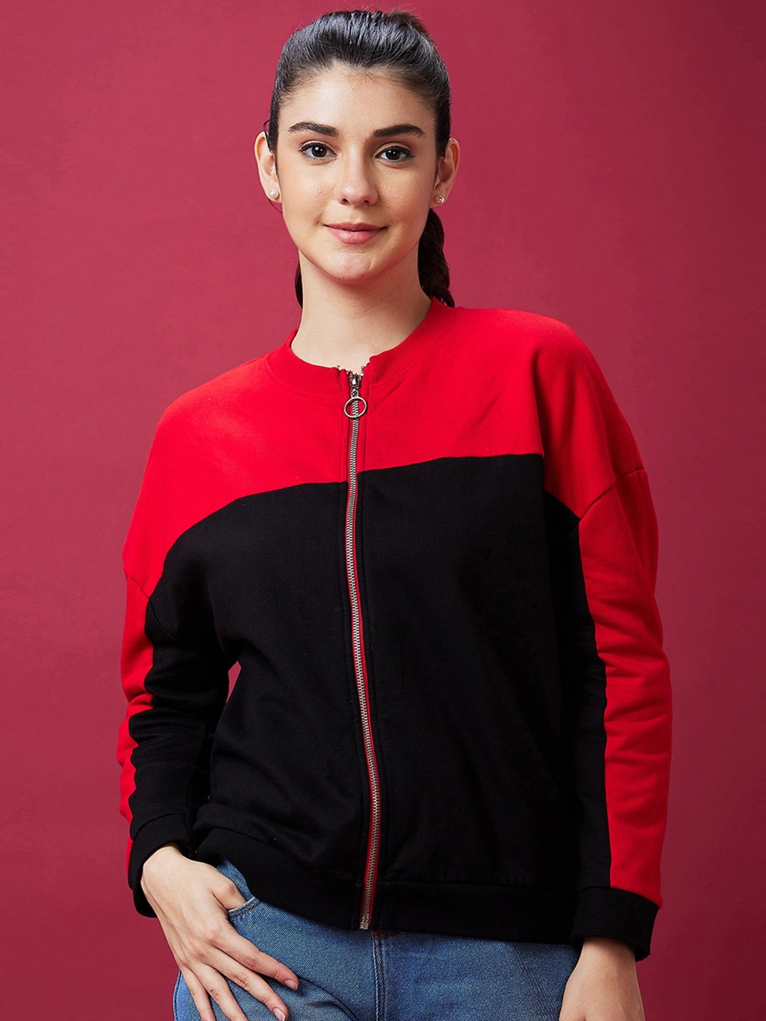 Globus Black & Red Cotton Color-block Sweatshirt