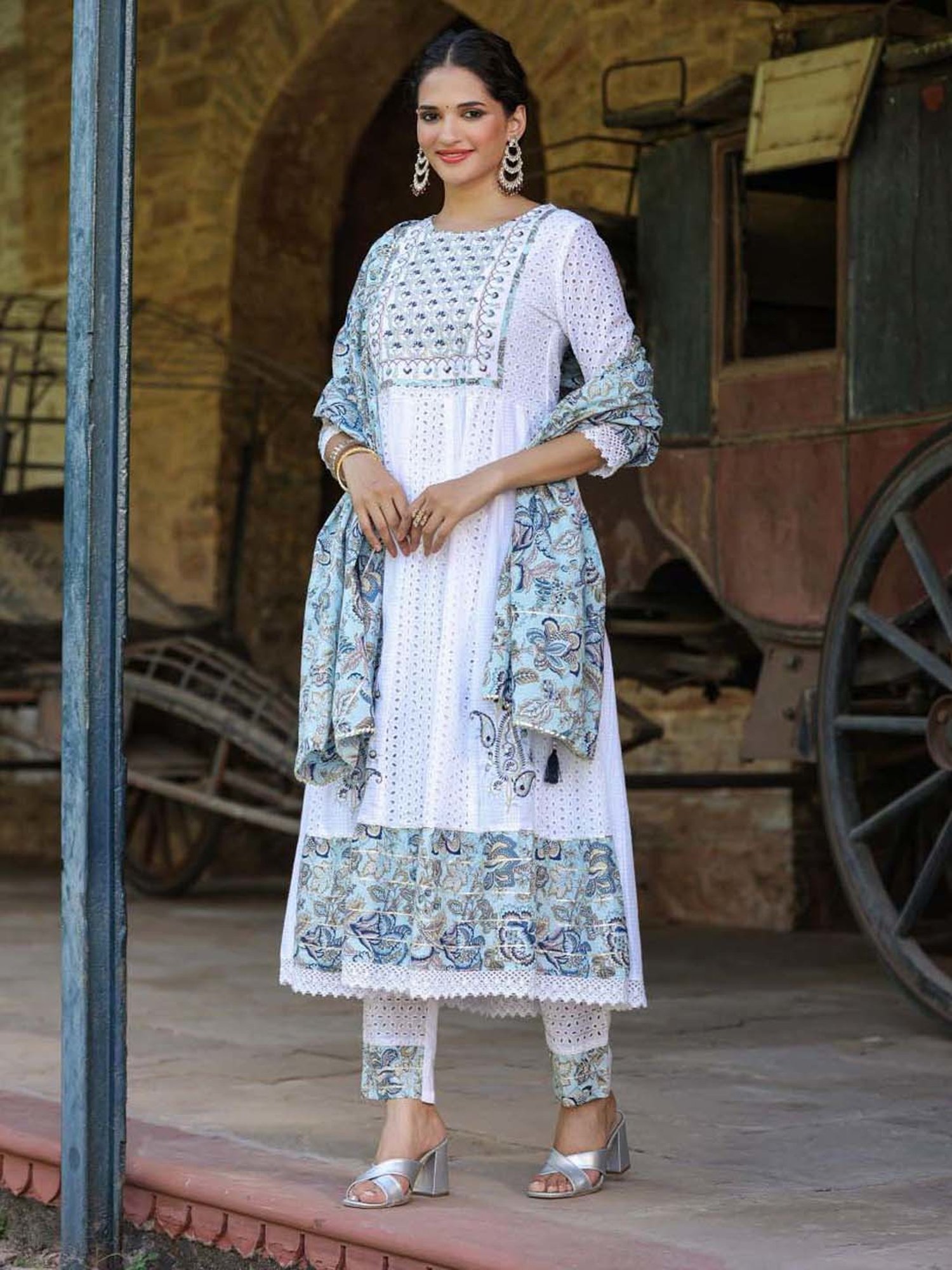 SCAKHI Pearl White Cotton Embroidered Kurta Pant Set With Dupatta
