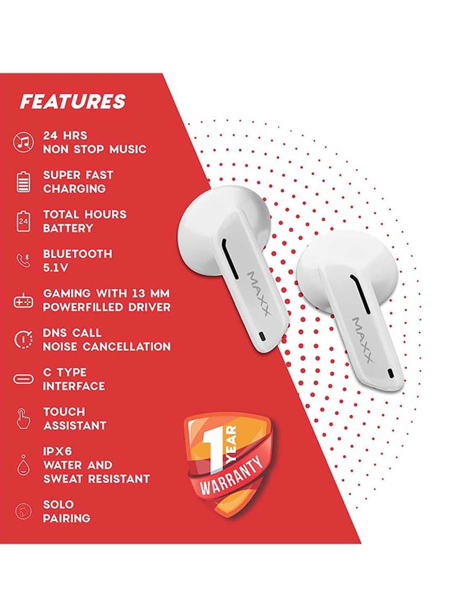Maxx PX2 Truly Wireless Earbuds with IPX6 Water and Sweat Resistant (White)