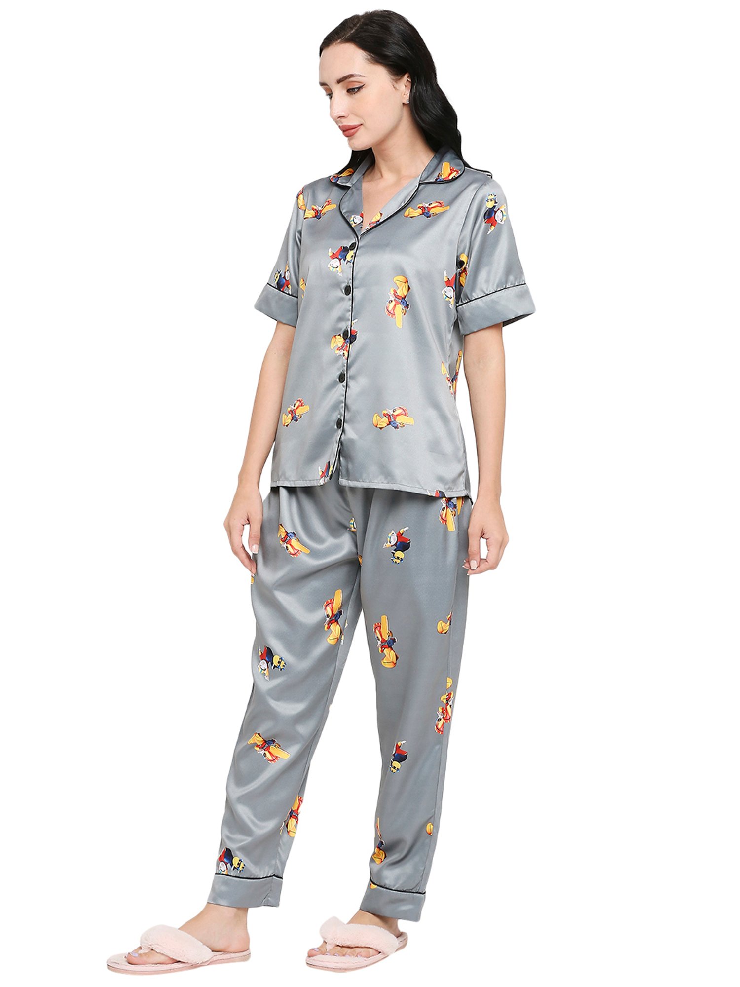 Smarty Pants Light Grey Satin Print Shirt With Pyjamas