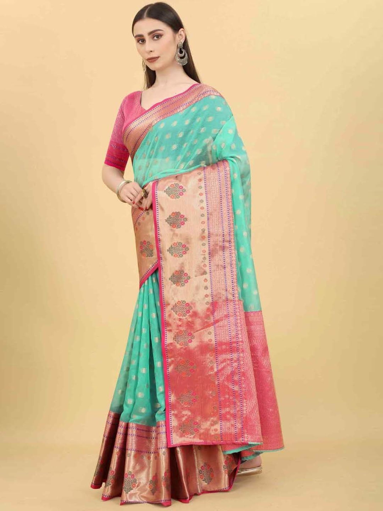 Silk Land Turquoise Silk Woven Saree With Unstitched Blouse