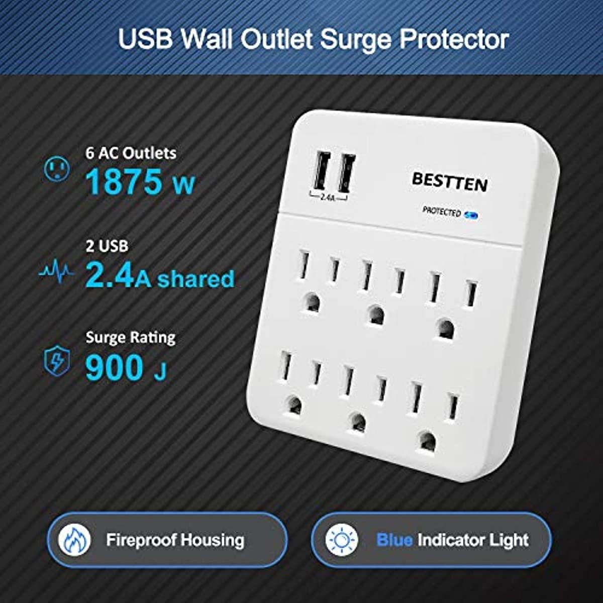 BESTTEN Wall Outlet Surge Protector with Dual USB Charging Ports (5V/2.4A) and 6 AC Outlets, 900 Joules, 15A/125V/1875W, ETL Listed, White
