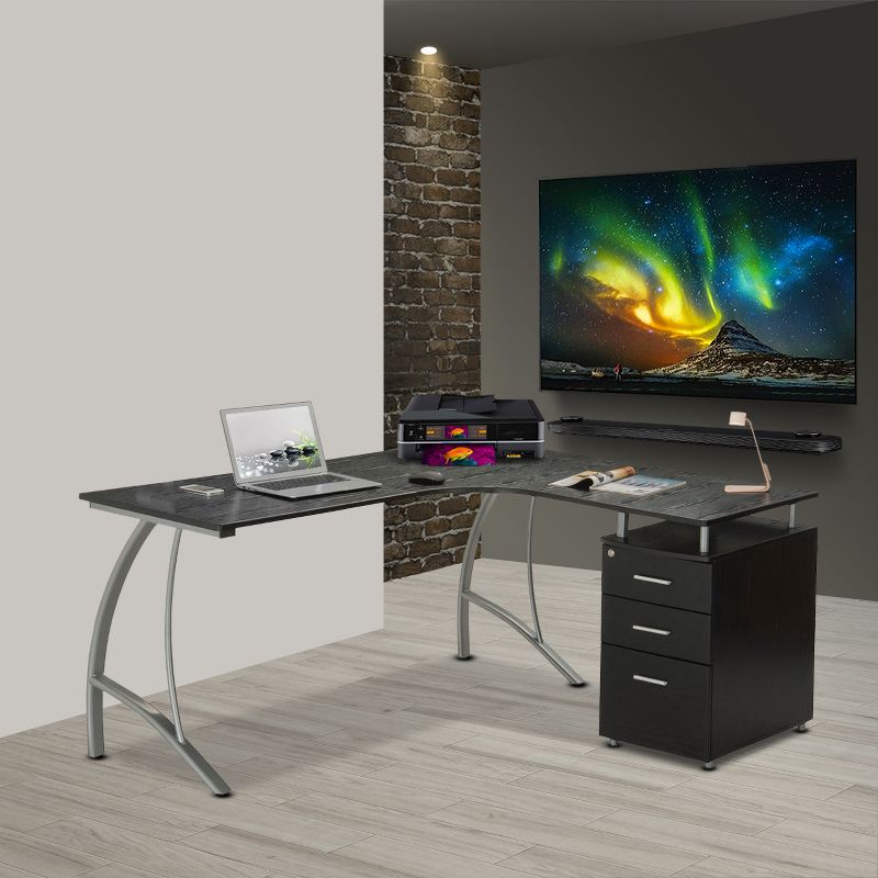 Modern L Shaped Computer Desk with File Cabinet and Storage Espresso Brown - Techni Mobili