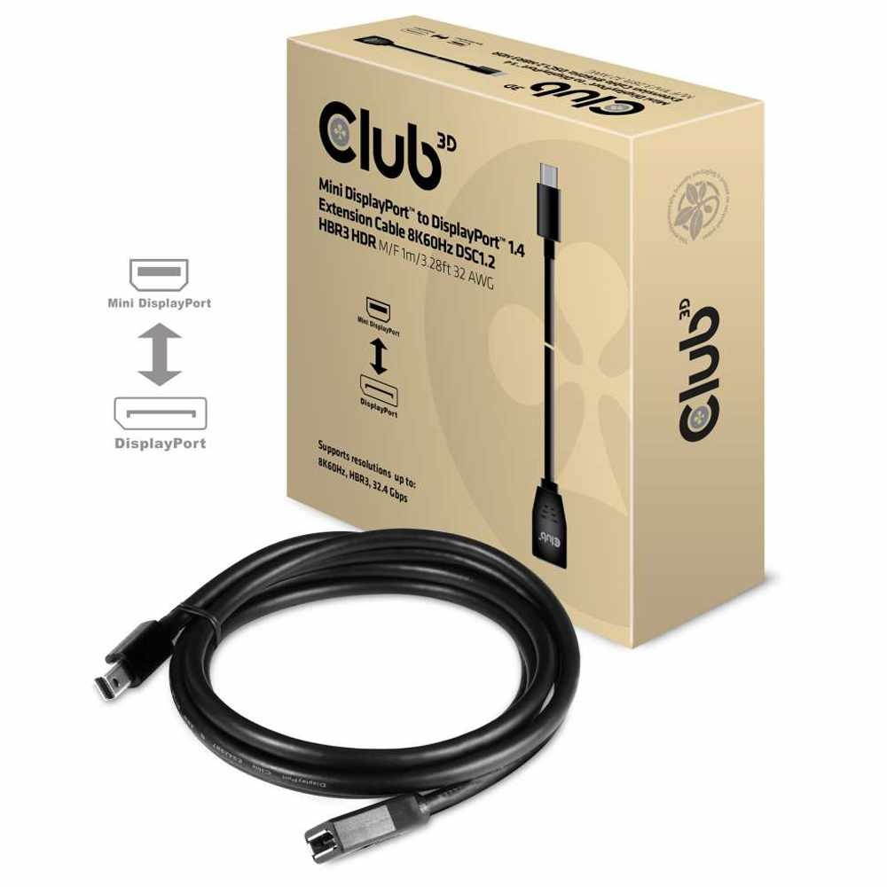 Club3D Model CAC-1121 Mini DisplayPort to DisplayPort1.4 Extension Cable 8K60Hz DSC1.2 HBR3 HDR, M/F, 1m / 3.28 ft.
