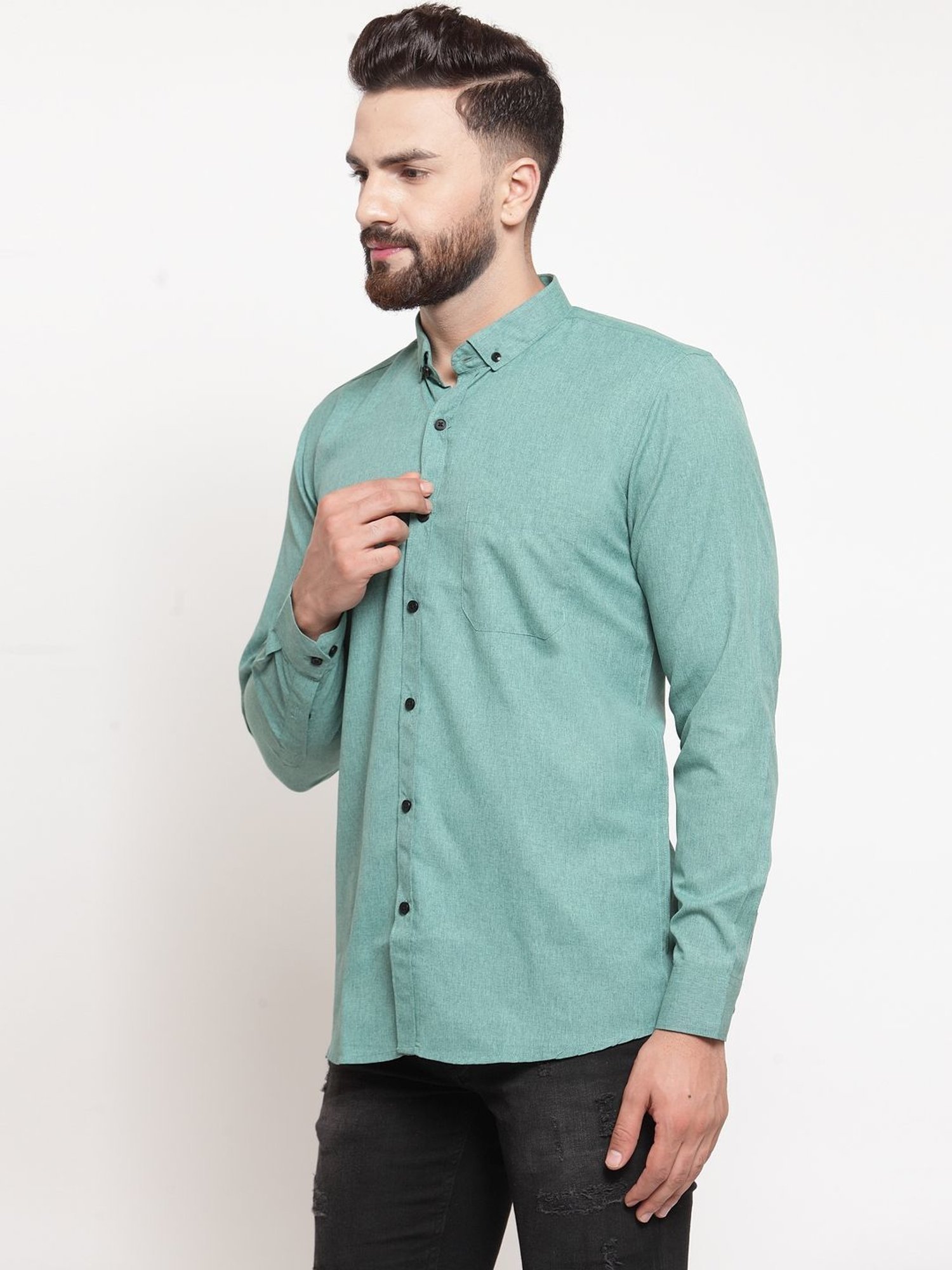 Jainish Green Cotton Regular Fit Shirt
