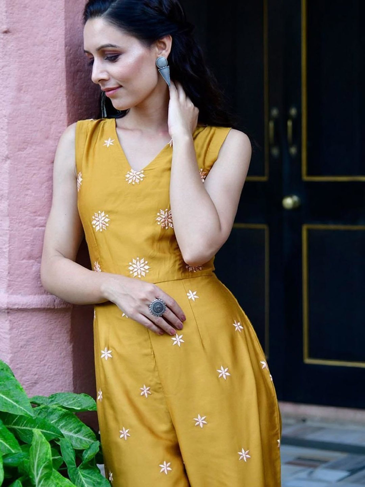 Lirose Mustard Pure Moss Modal Rayon Satin Heavy Embroidered Jumpsuit