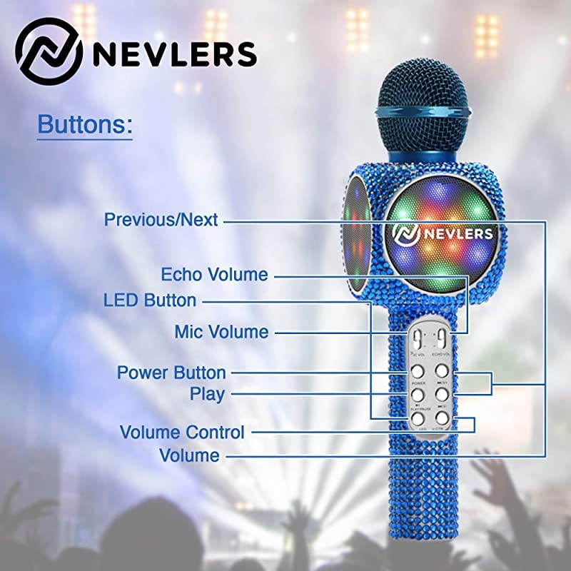Karaoke Microphone with Wireless Bluetooth Speaker, Voice Changer and Colorful LED Lights, Easy to Use Portable Karaoke Machine for Kids and Adults - Blue Bling
