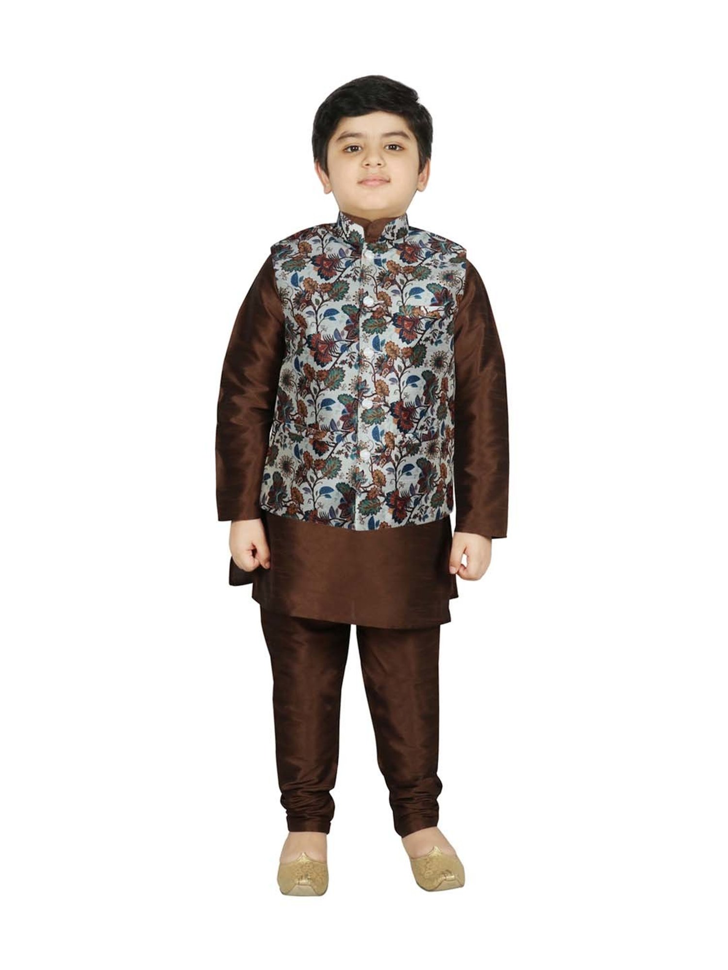 SG Yuvraj Kids White & Brown Floral Print Full Sleeves Kurta Set