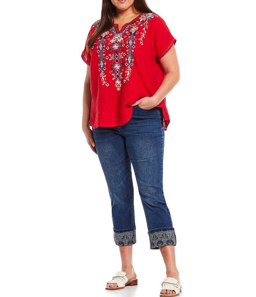 John Mark Plus Size Embroidered Dolman Short Sleeve Split Round Neck Linen Top