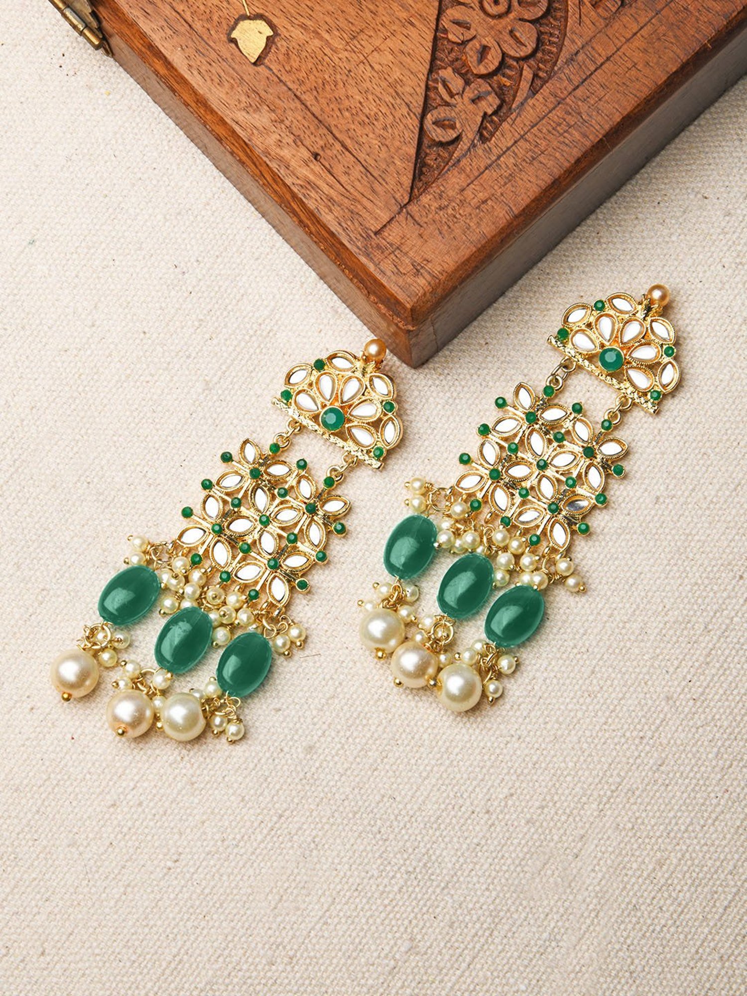 Fida Beaded Mughal Green and White Dangler Earrings