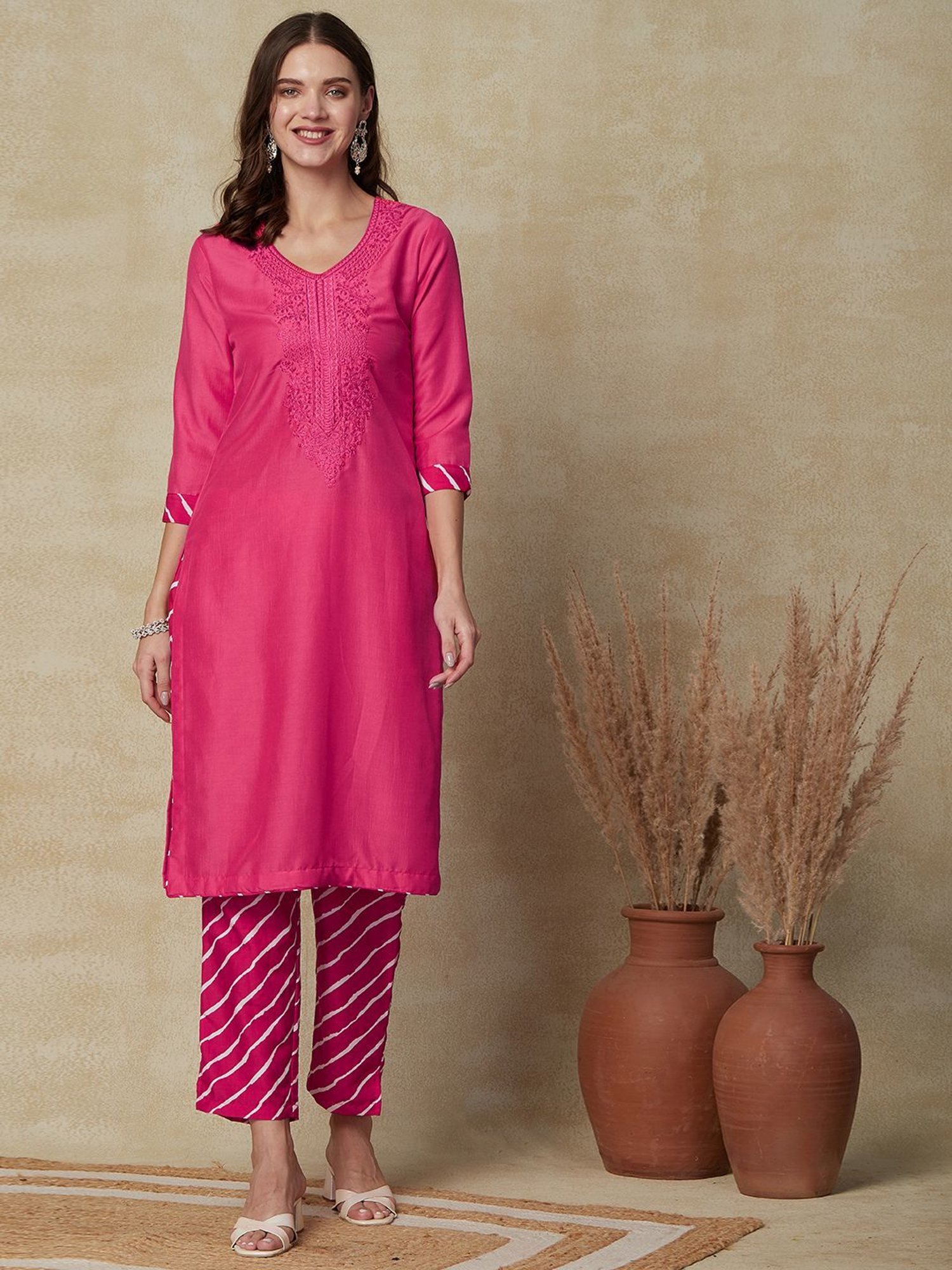 Fashor Pink Embroidered Kurta Pant Set
