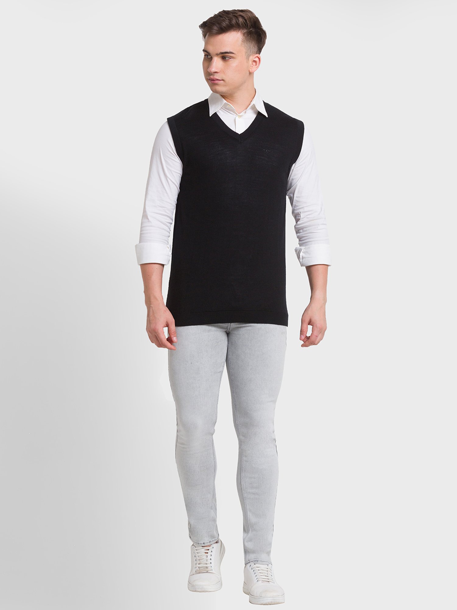 ColorPlus Black Regular Fit Texture Sweaters