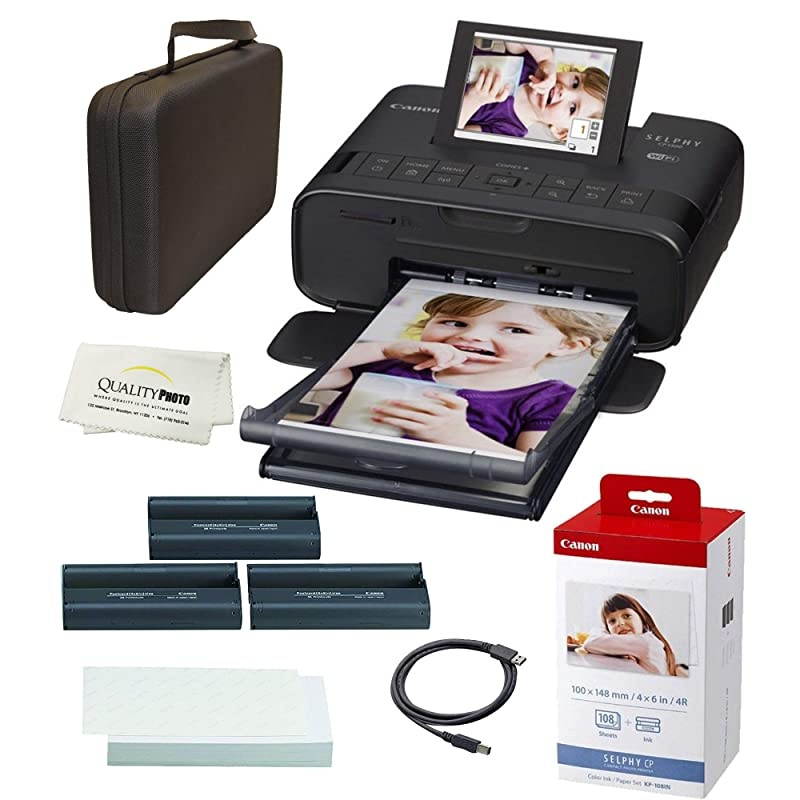 SELPHY CP1300 Wireless Compact Photo Printer with AirPrint and Mopria Device Printing with KP108 Paper and Black Hard case to fit All Together Black
