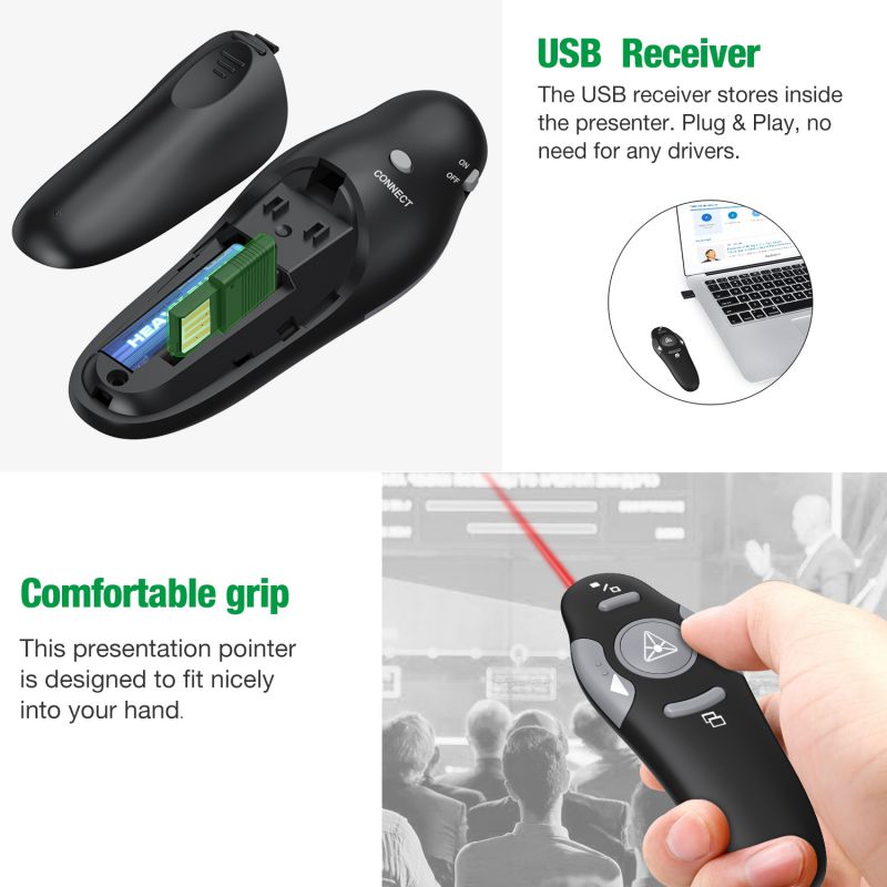 Wireless Presenter with Laser Pointer RF 2.4GHz Wireless Presenter Remote Presentation USB Control PowerPoint PPT Clicker