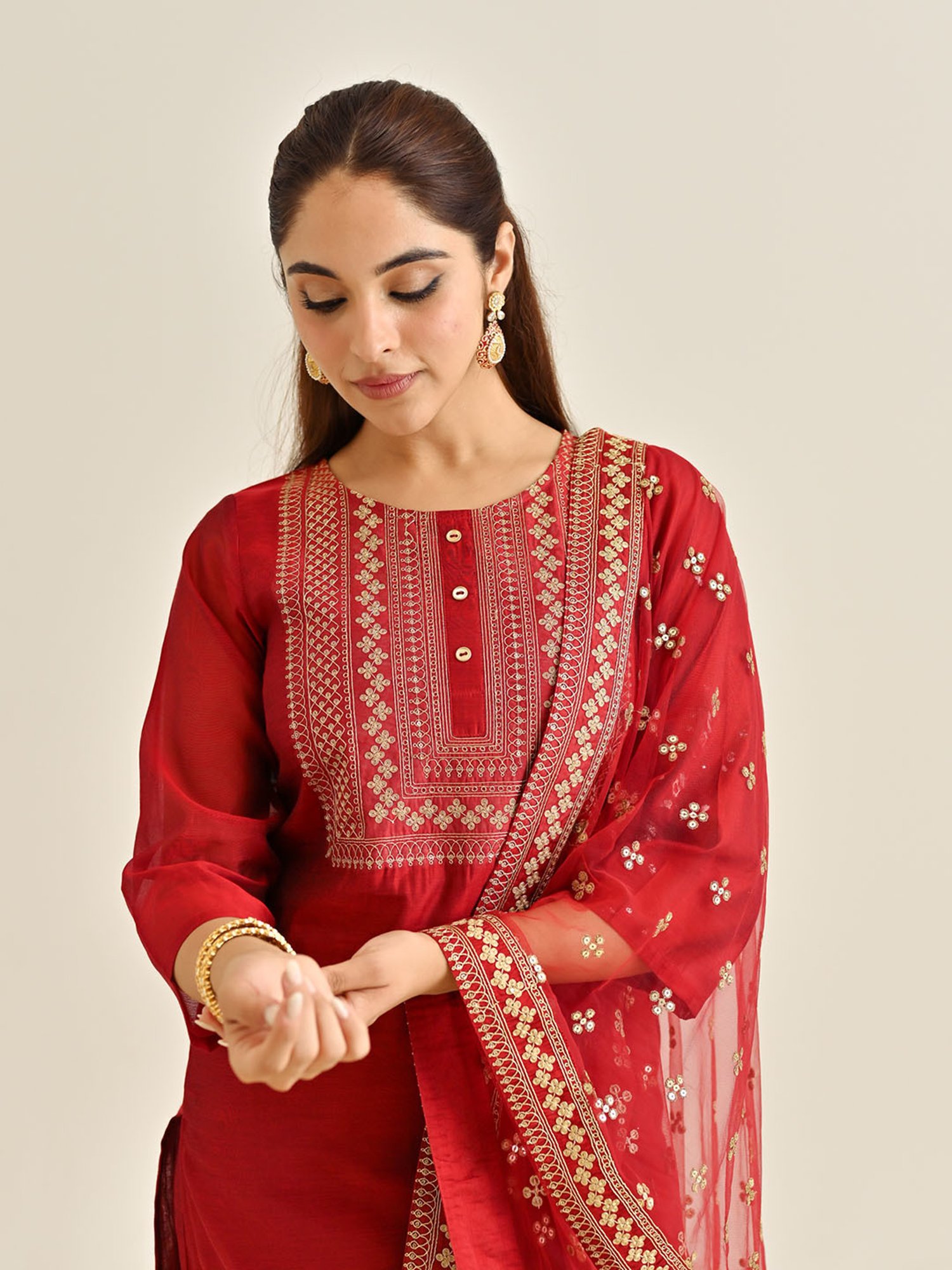 Rustorange Red Embroidered Kurta With Pant & Dupatta