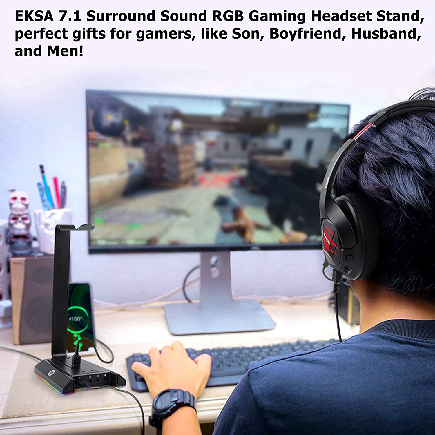 Gaming Headset Stand Holder, Aluminum RGB 7.1 Surround Sound Headphone Headset Stand Holder Hanger Hook with USB Charger and 3.5mm AUX Port Universal