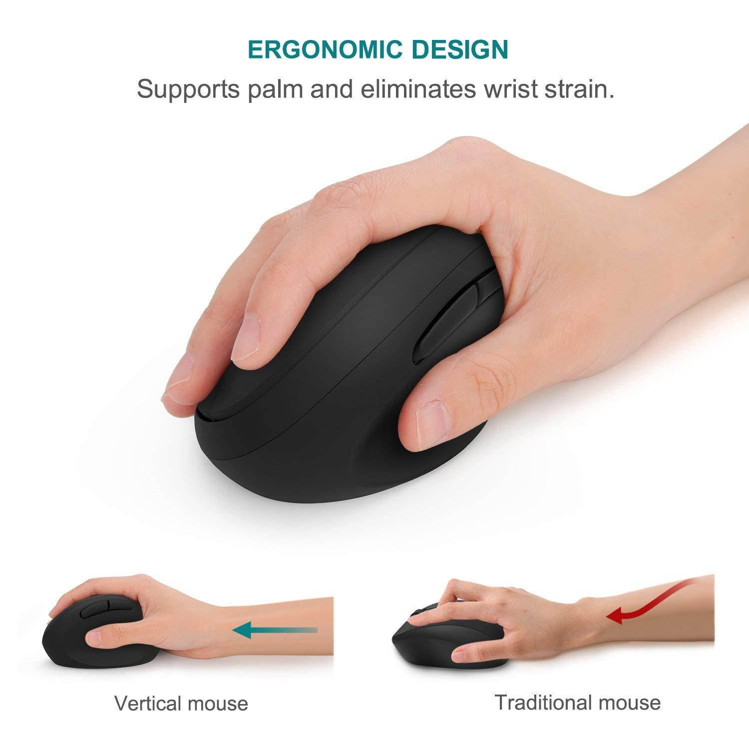 Wireless Vertical Mouse, Jelly Comb MV009 Small Wireless Mouse 2.4G High Precision Ergonomic Optical Mice with Adjustable Sensitivity 800/1200 /1600 DPI, 6 Buttons, ? for Small Hands ? - Black