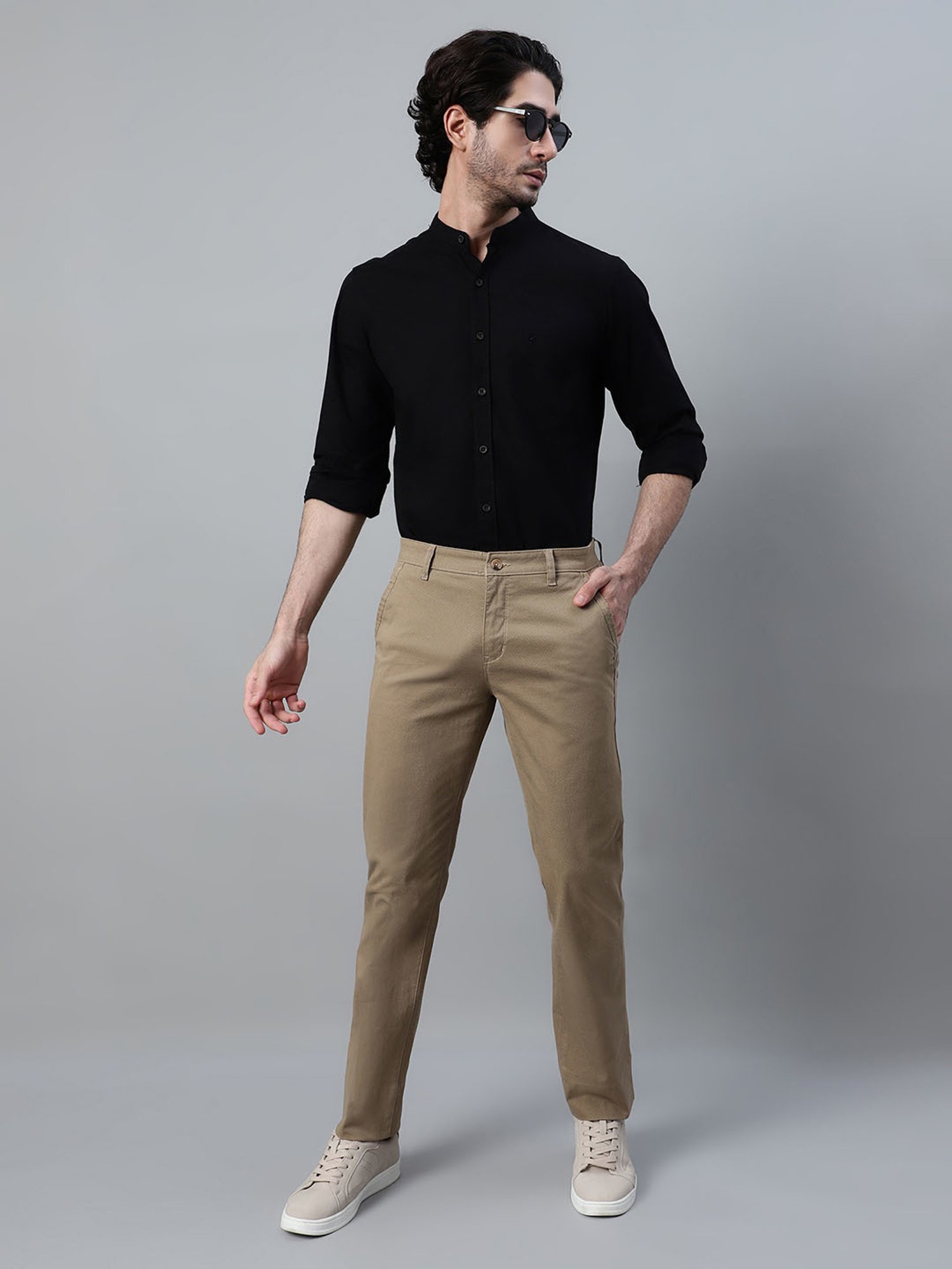 Cantabil Khaki Cotton Blend Regular fit Self Trousers