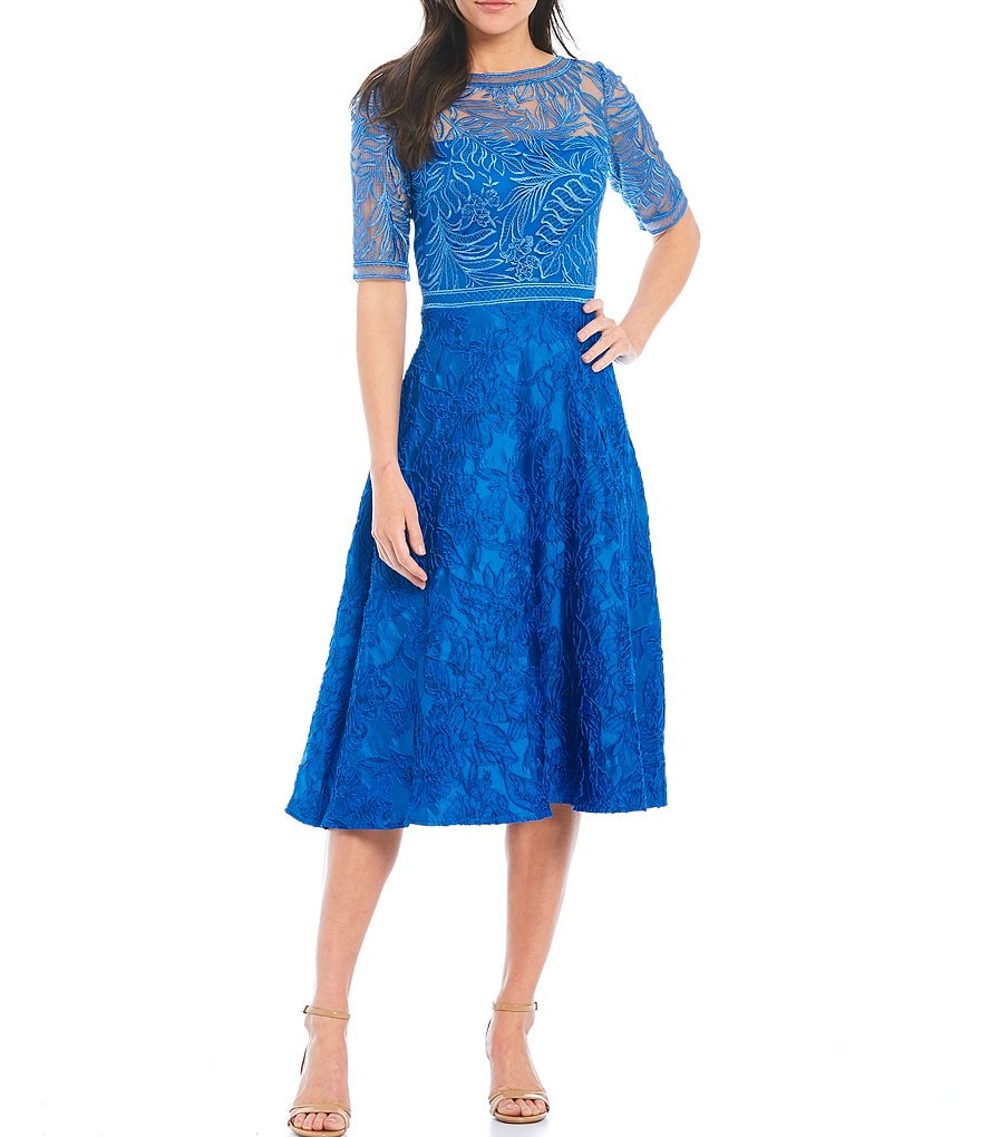 Tadashi Shoji Mixed Media Lace Bodice Boat Neck 3/4 Sleeve Midi Dress