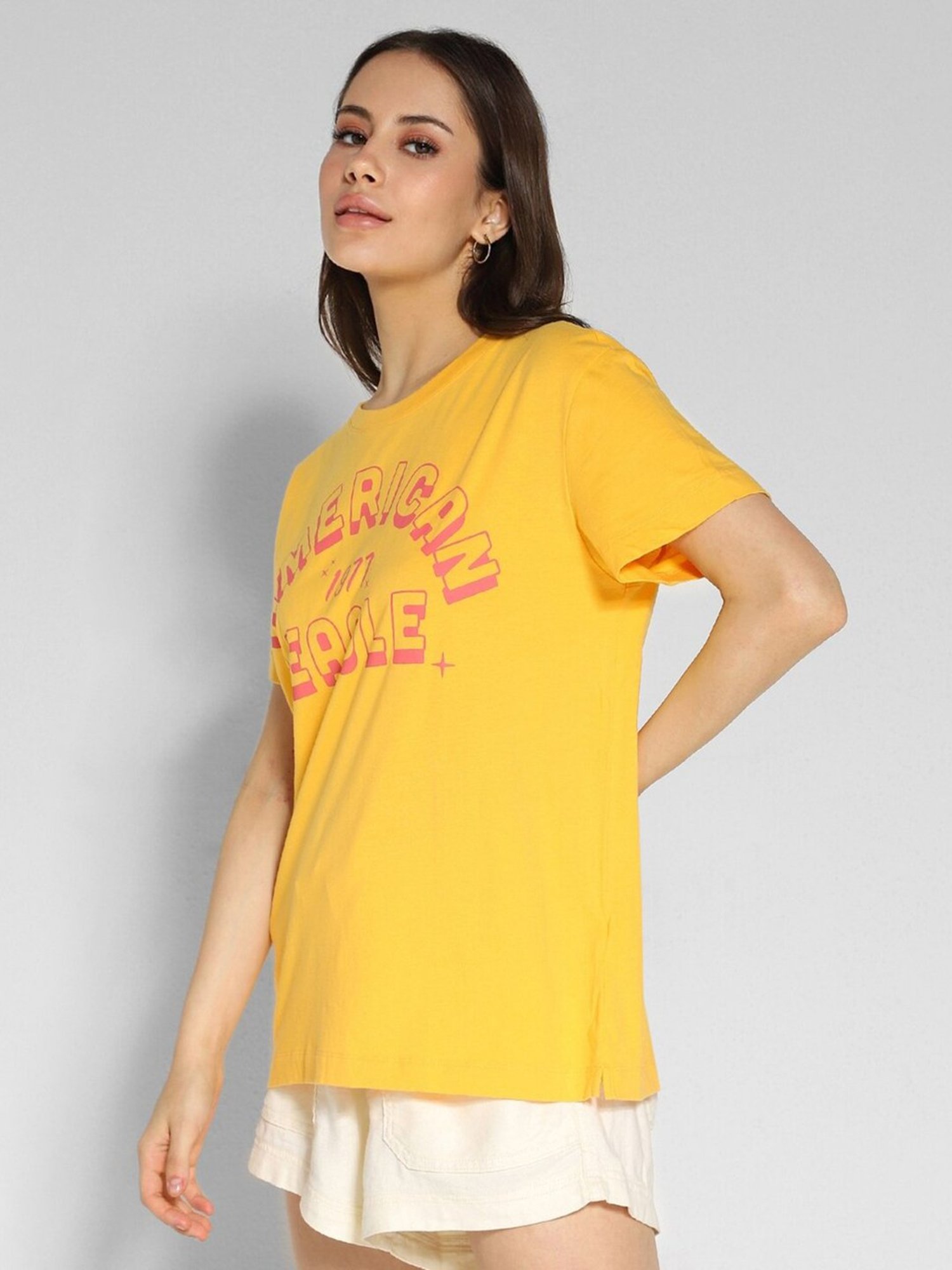 American Eagle Outfitters Yellow Cotton Graphic Print Oversized T-Shirt