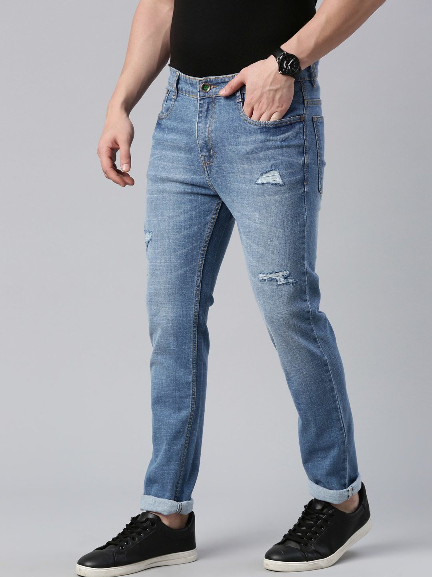 CINOCCI Baby Blue Cotton Slim Fit Distressed Jeans