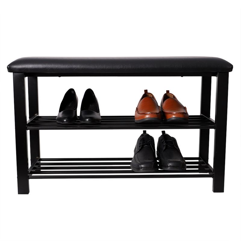 Home Basics Cushioned Storage Bench with 2 Tier Steel Shoe Rack, Black