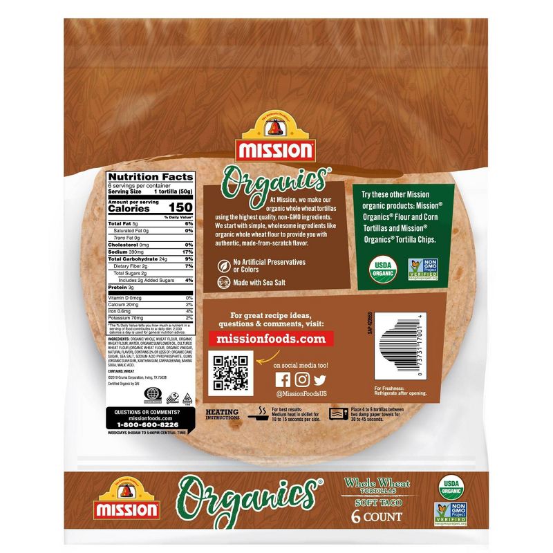 Mission Taco Size Organic Whole Wheat Tortillas - 10.5oz/6ct