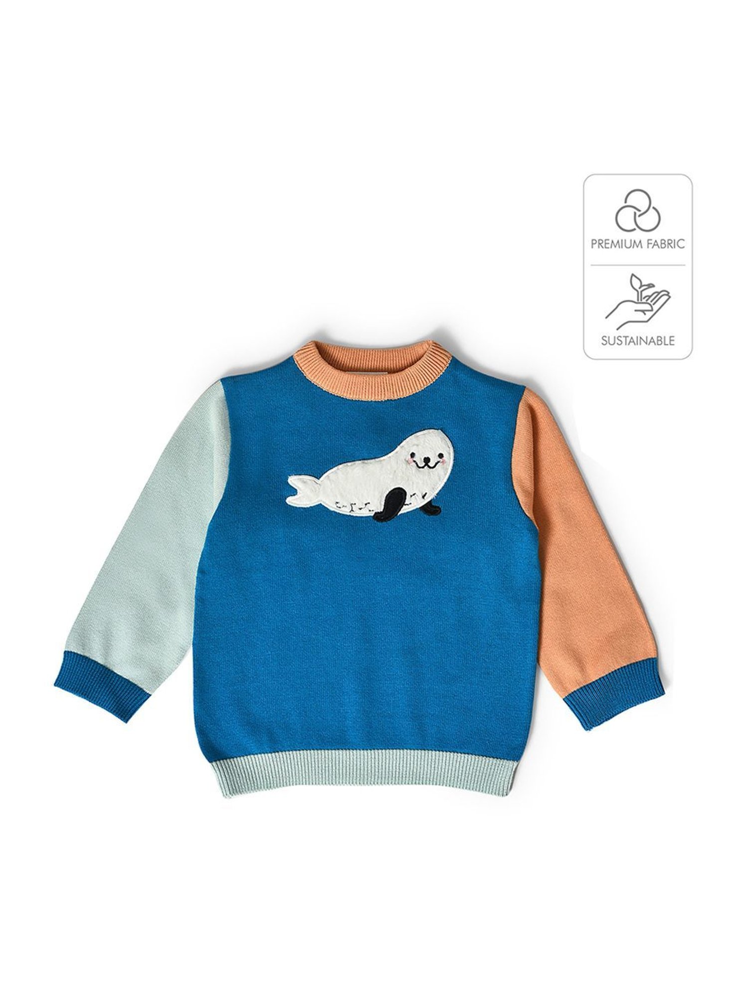 MiArcus Kids Blue & Beige Cotton Applique Full Sleeves Sweater