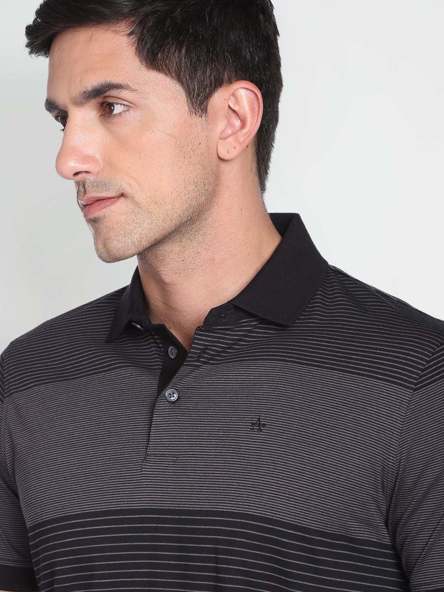 Arrow Black Cotton Regular Fit Striped Polo T-Shirt