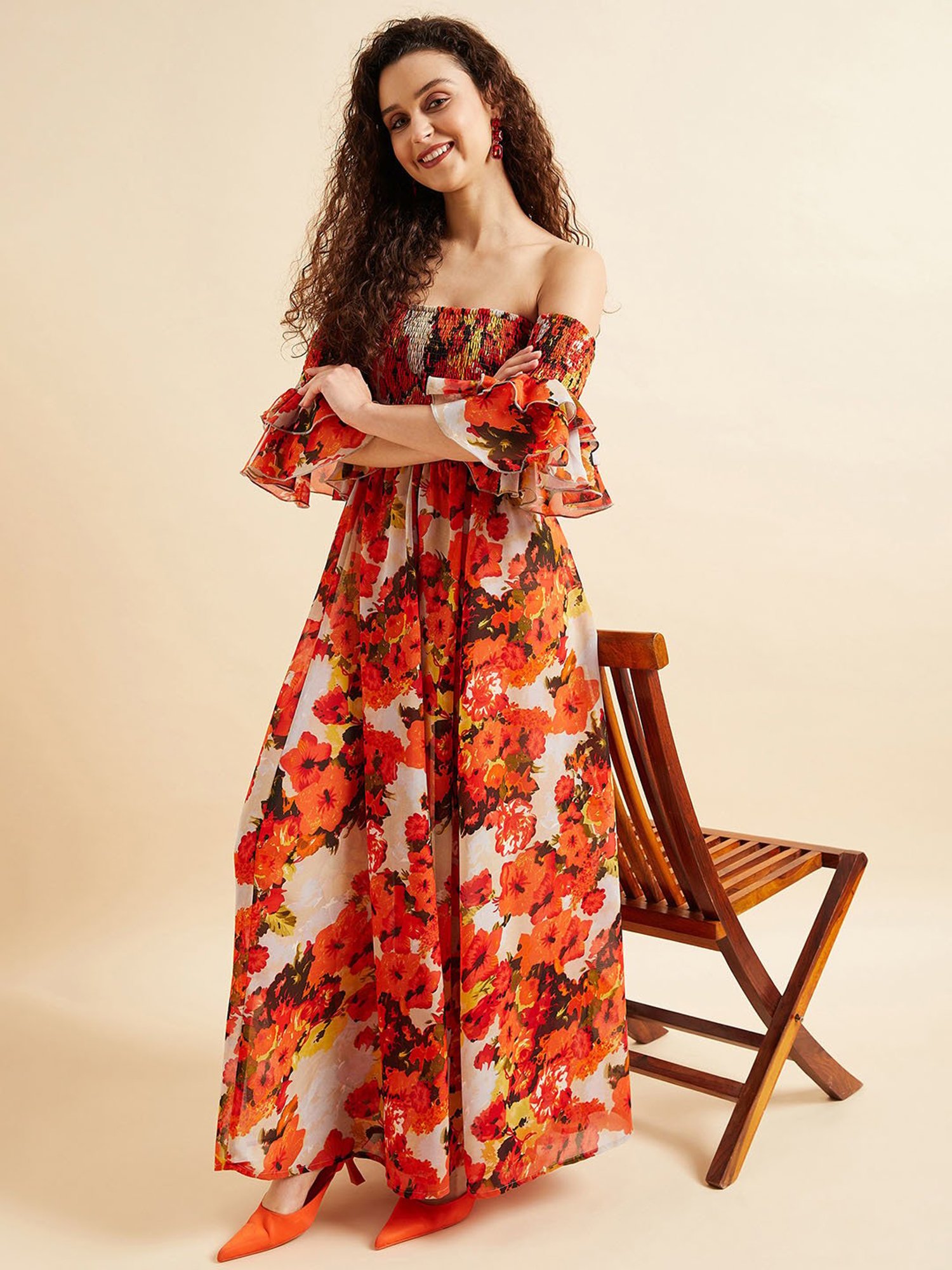 PANIT Orange Floral Print Ethnic Dress