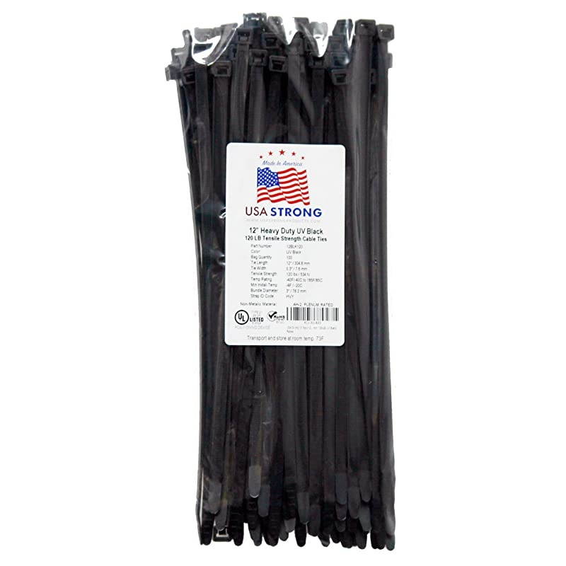 Duty Cable Zip Ties. Durable strong nylon tie wraps, 120 LB Tensile Strength (12 Inch 100 Pack, UV Black)