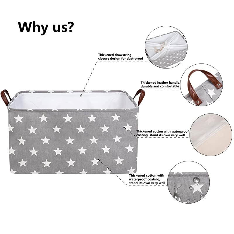 22Inches Thickened XLarge Storage Basket 22x15x13 Inches Drawstring Canvas Underbed Storage Square Cotton Linen Collapsible Toy Basket Grey Star XL