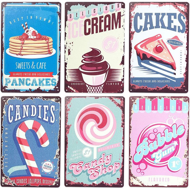 Okuna Outpost 6 Pack Retro Metal Kitchen Signs, Vintage Food Wall Art (8 x 11.8 in)