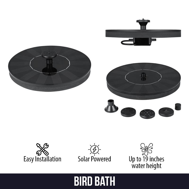 Dartwood Solar Bird Bath and Water Fountain with 4 Different Nozzle Heads for Bird Baths and Small Ponds