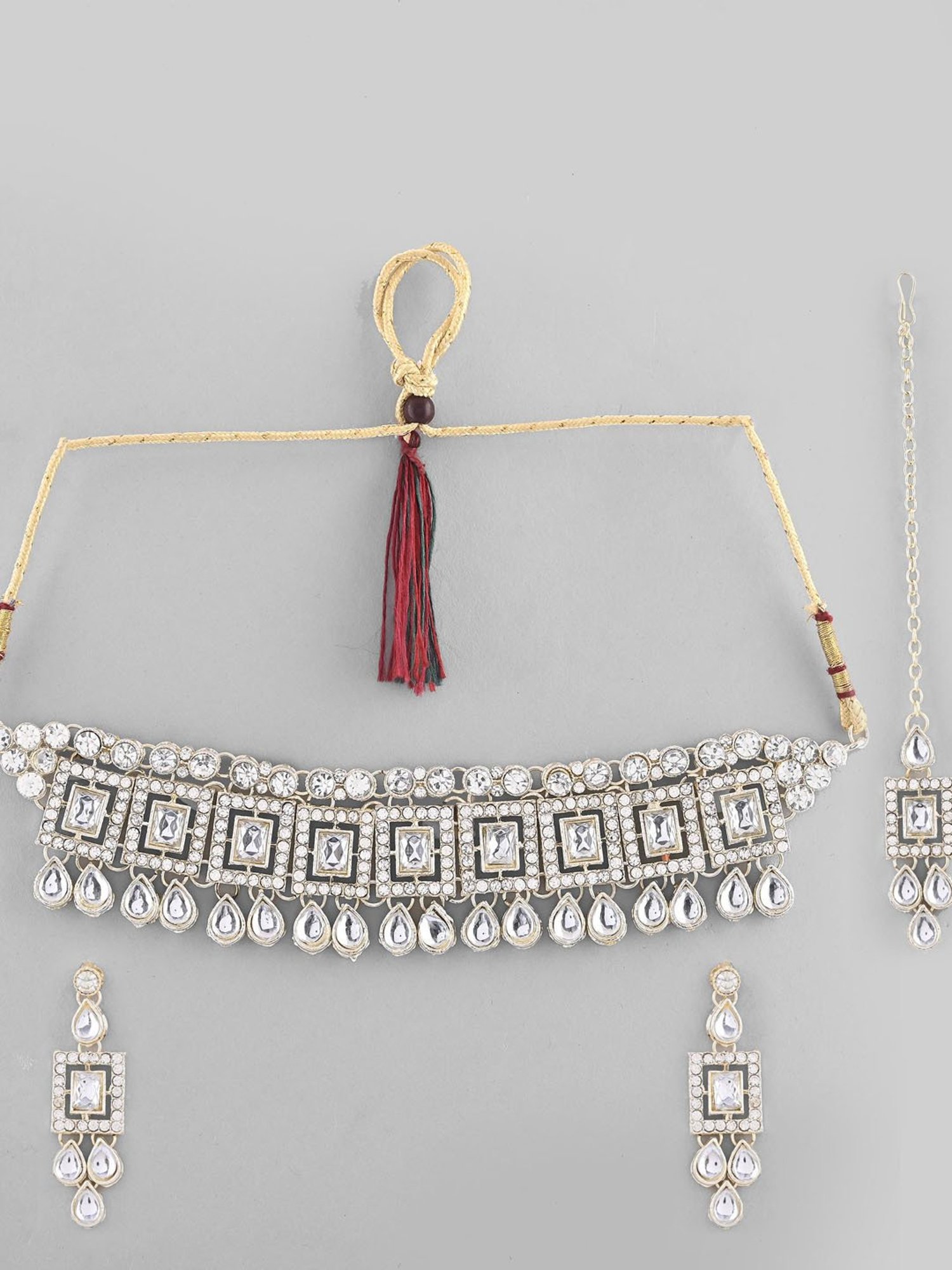 VOJ Silver Plated Stone Studded Designer Necklace with Earrings and Mangtikka for Women