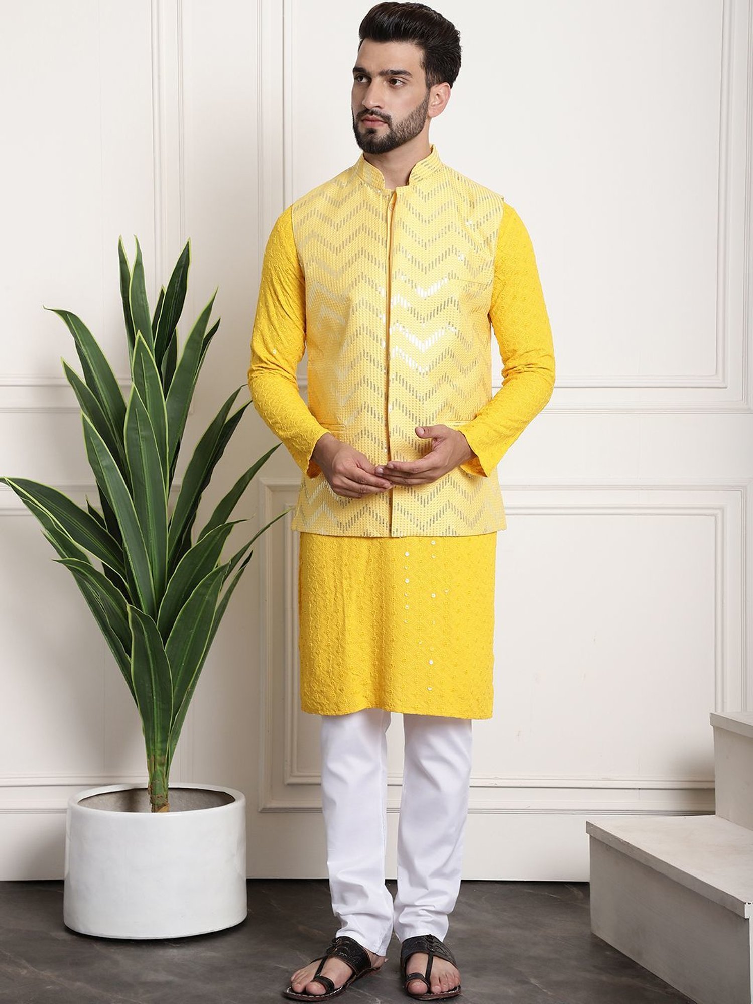 Sojanya Yellow Regular Fit Embroidered Nehru Jacket