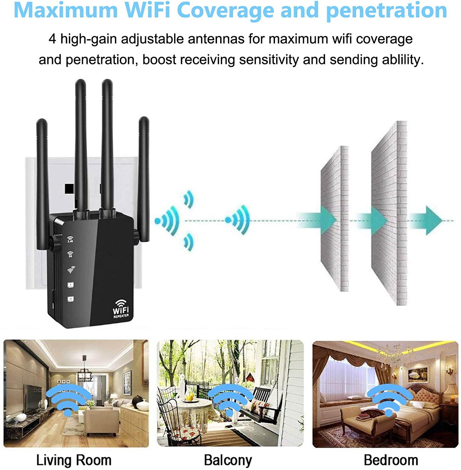 WiFi Range Extender 1200Mbps, AC1200 Wireless Signal Repeater Booster 2.4 & 5.8GHz Dual Band 4 Antennas 360 Degree Full Coverage Support One Button Setup with Ethernet Port Easy Setup